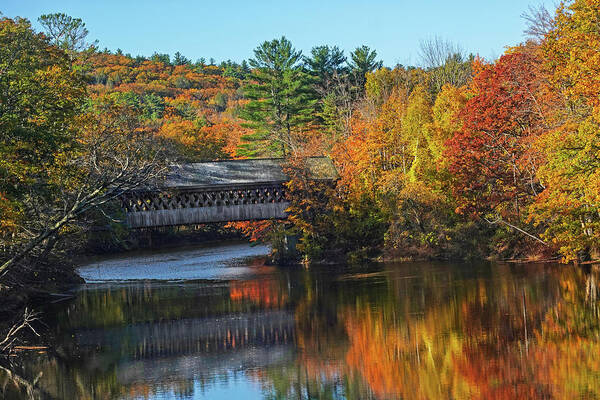 Henniker Art Print featuring the photograph Henniker Covered Bridge in Fall Foliage Contoocook River Henniker NH by Toby McGuire