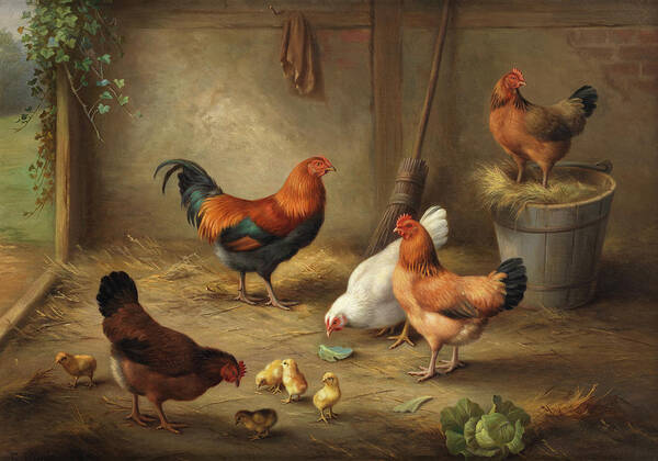 Hens And Chicks Art Print featuring the painting Hens and chicks in a barn interior by Edgar Hunt