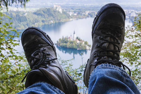Viewpoint Art Print featuring the photograph Hiker's boots at the end of the trail by Jeremy Woodhouse