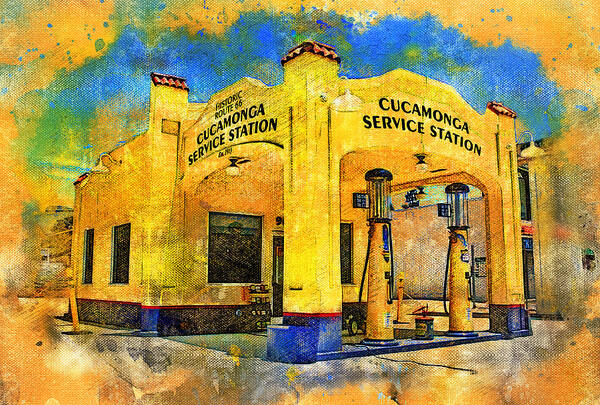 Cucamonga Service Station Art Print featuring the digital art Historic Route 66 Cucamonga Service Station, in Rancho Cucamonga, California by Nicko Prints