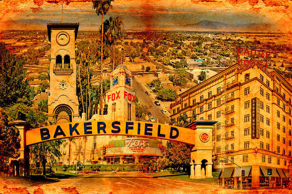 Bakersfield Art Print featuring the digital art Historical buildings of Bakersfield, California, blended on old paper by Nicko Prints