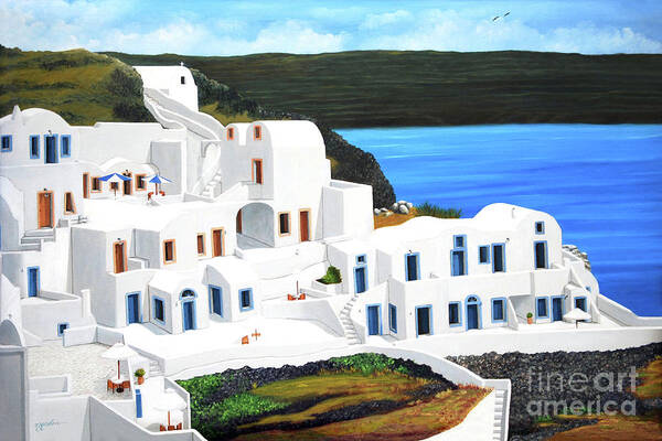 Santorini Art Print featuring the painting Holiday In Santorini by Mary Grden