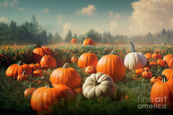 Pumpkin Art Print featuring the photograph Idyllic field of pumplkins on sunny day by Jelena Jovanovic