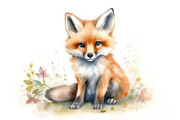Wall Art Print, Cute baby fox, watercolor illustration