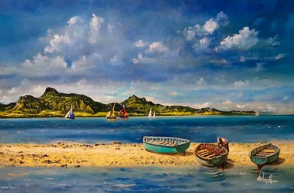  Art Print featuring the painting Inspecting fishing nets, Mauritius by Raouf Oderuth