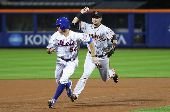 Playoffs Art Print featuring the photograph Joe Panik and Brandon Crawford by Al Bello