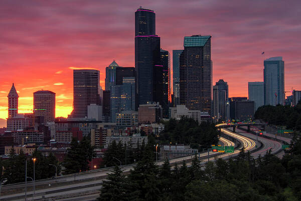 Seattle Art Print featuring the photograph Jose Rizal Bridge Cityscape Sunset by Matt McDonald