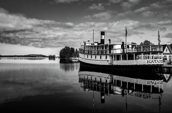 Katahdin Boat Reflection Black And White Art Print featuring the photograph Katahdin Steamboat Reflection Black And White by Dan Sproul