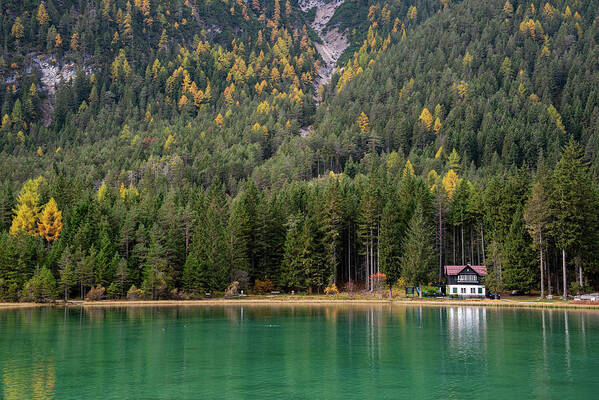Italy Art Print featuring the photograph House in the lake and forest. Lago di dobbiaco lake. Italian aps by Michalakis Ppalis