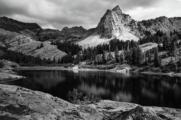 Utah Art Print featuring the photograph Lake Blanche and the Sundial Black and White - Big Cottonwood Canyon, Utah by Brett Pelletier