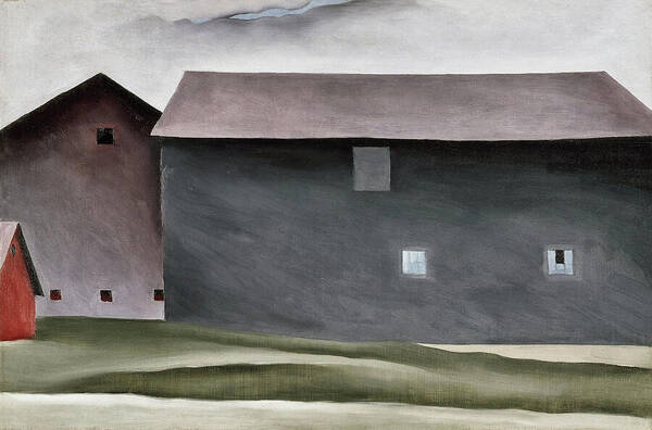 Georgia O'keeffe Art Print featuring the painting Lake George Barns - modernist village view painting by Georgia O'Keeffe