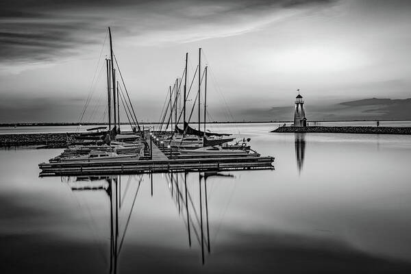 Oklahoma City Art Print featuring the photograph Lake Hefner Lighthouse Sunset and Sailboats - Oklahoma City Monochrome by Gregory Ballos