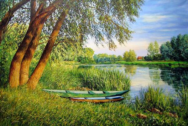 Landscape With A Boat Art Print featuring the painting Landscape with a boat 2 by Kastsov