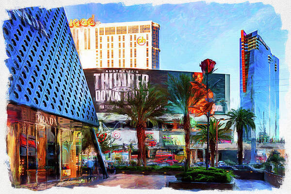 Las Vegas Art Print featuring the mixed media Las Vegas Strip shops by Tatiana Travelways