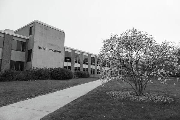Western Michigan University Art Print featuring the photograph Leslie H. Wood Hall at Western Michigan University in black and white by Eldon McGraw