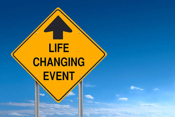 Event Art Print featuring the photograph Life Changing Event Ahead Road Traffic Sign Post over Sky by Ryasick
