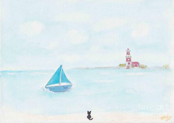 Lighthouse Art Print featuring the painting Lighthouse, a Sailboat and a Cat on the Beach by Renate Janssen