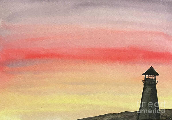 Sunset Art Print featuring the painting Lighthouse at Sunset by Lisa Neuman