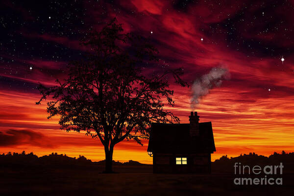 Little House At Sunset Art Print featuring the painting Little House At Sunset by Two Hivelys