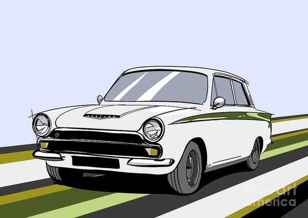 Sports Car Art Print featuring the digital art Lotus Cortina Classic British Sports Racing Touring Car - Vector Back Version by Moospeed Art