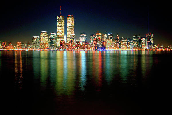 Nighttime Art Print featuring the photograph World Trade Center Twin Towers, Lower Manhattan New York City Nighttime Cityscape 1985 by Kathy Anselmo