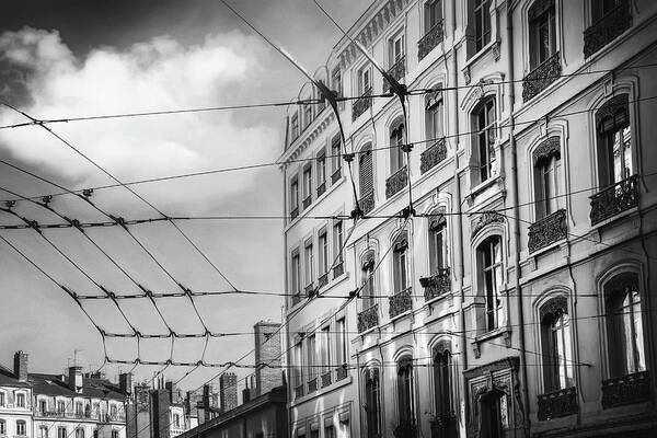 Lyon Art Print featuring the photograph Lyon France Through a Web of Tram Lines Black and White by Carol Japp