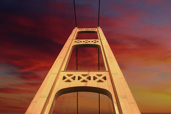 Mackinac Bridge At Sunset Art Print featuring the digital art Mackinac Bridge Sunset by Stoneworks Imagery