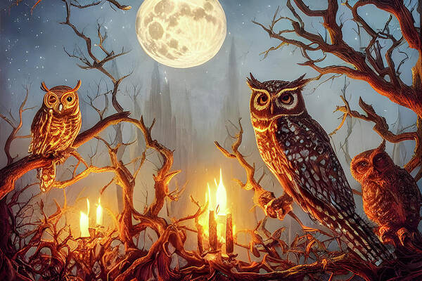 Owls Art Print featuring the painting Maine Parliament of Owls by Bob Orsillo
