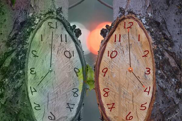 Clock Art Print featuring the mixed media Tree Clocks by SC Heffner