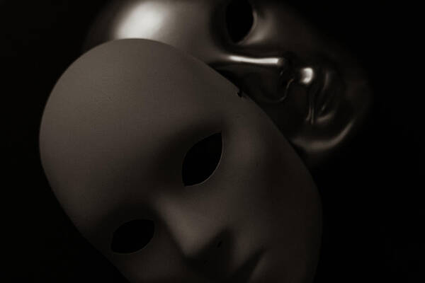 Mask Art Print featuring the photograph Masks on Black by Amelia Pearn