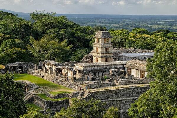 Tranquility Art Print featuring the photograph Mayan palace at Palenque, Mexico by photograph by Pete Schnell