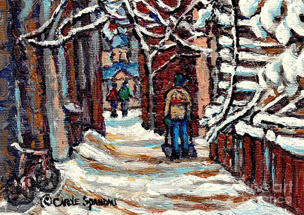 Montreal Art Print featuring the painting Mcgill University Winter Walk Snowy Staircase Steps Best Montreal Streetscene Painting C Spandau Art by Carole Spandau