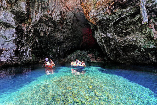 Azure Art Print featuring the photograph Melissani lake in Kefalonia, Greece by Constantinos Iliopoulos