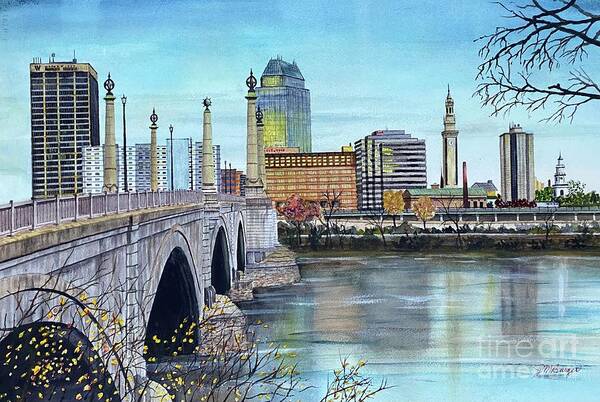Bridge Art Print featuring the painting Memorial Bridge to Springfield MA by Joseph Burger