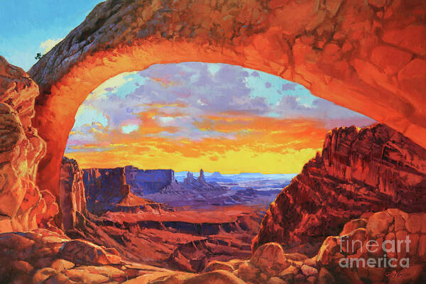 Mesa Arch Sunrise Canyonlands National Park Moab Utah Landscape Mountains Nature Southwest Sun Rise Southern South West Canyon Rock Stone Formation Glows Red Sun Burst Utah's National Park Artist Gary Kim Large Wall Canvas Print Oil Painting Mural Art Red Brown Desert Arid Butte Dawn Morning Remote Beauty Sunburst Rays Sunlight Glowing Rocks Nature Impressionist Traditional Realist Valley Warm Arches Canvas Print Framed Print Poster Metal Prints Acrylic Print Wood Print Greeting Card Sticker Art Print featuring the painting Mesa Arch Sunrise 1 by Gary Kim