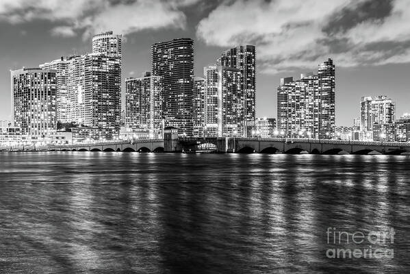 2022 Art Print featuring the photograph Miami Night Skyline and Venetian Bridge Black and White Picture by Paul Velgos