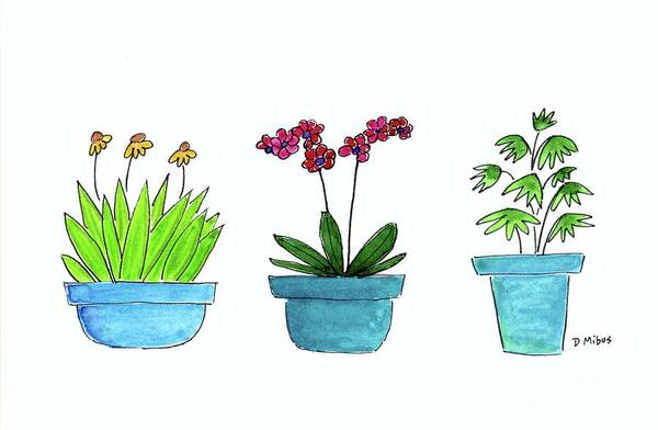 Mid Century Modern Plants Art Print featuring the painting Mid Century Blue Potted Plants by Donna Mibus