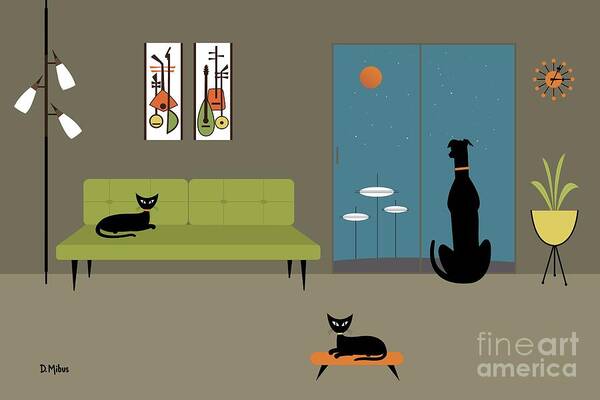 Mid Century Modern Art Print featuring the digital art Mid Century Dog Spies Space Pods by Donna Mibus