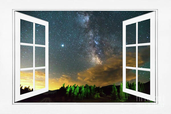 Open Window Art Print featuring the photograph Milky Way Rising Out Of the Clouds Open White Picture Window by James BO Insogna