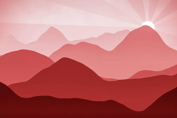 Mountains Art Print featuring the digital art Minimalist red abstract Mountain Landscape at Sunset by Matthias Hauser