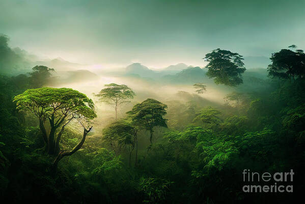 Jungle Art Print featuring the photograph Misty jungle rainforest from above in the morning. Tropical fore by Jelena Jovanovic