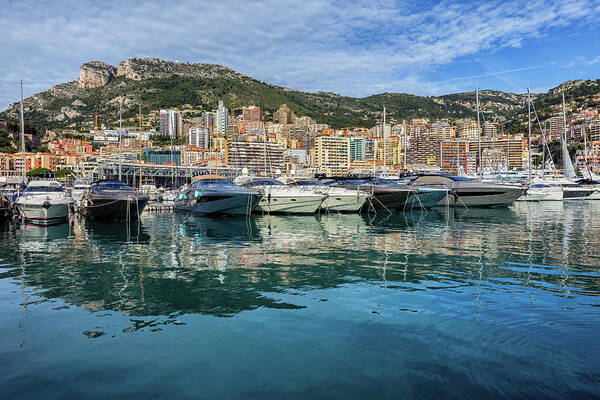 Monaco Art Print featuring the photograph Monaco Principality Yacht Harbour And City Skyline by Artur Bogacki