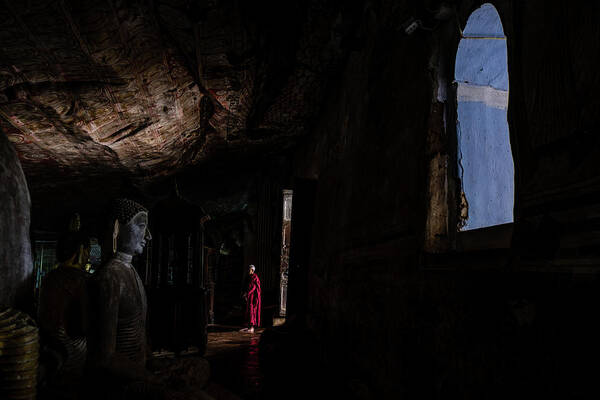 Cave Art Print featuring the photograph Monk at Dambulla Cave Temple by Arj Munoz