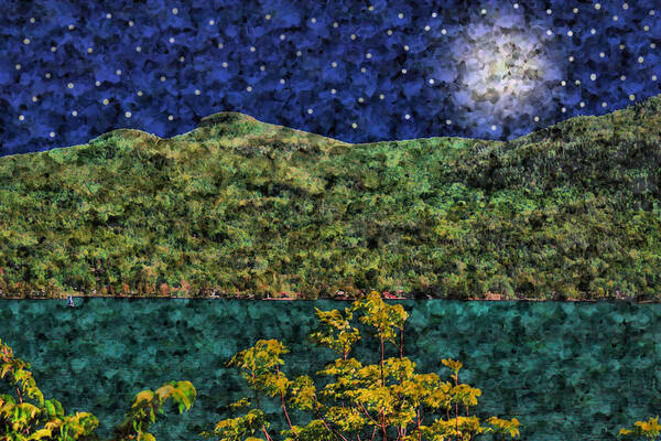 Moon Art Print featuring the digital art Moon and Stars Over Huletts on Lake George by Russel Considine