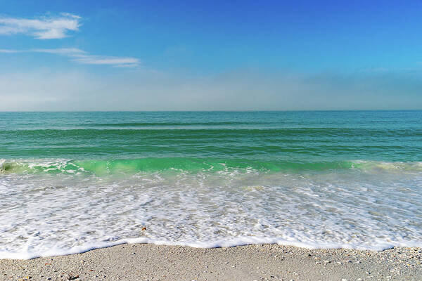 Color Image  Horizontal  St Pete Beach ×overcast ×morning ×beach ×gulf Of Mexico ×sand ×tranquility ×sea ×seascape ×florida - Usa State × ×water ×photography ×seagull ×no People ×scenics - Nature ×coastline ×sky ×nature ×cloud - Sky ×travel ×travel Destinations × Art Print featuring the photograph Morning Beach Wave by Marian Tagliarino