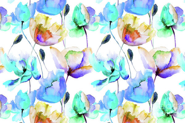 Teal Art Print featuring the painting Multi Color Poppies and Tulips Watercolor Pattern by PIPA Fine Art - Simply Solid