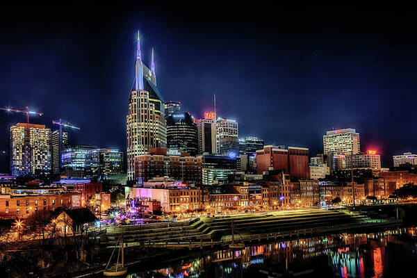 Nashville Skyline Art Print featuring the photograph Music City at Night by Susan Rissi Tregoning