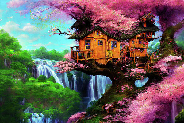 Tree House Art Print featuring the digital art My Tree House in Spring by Peggy Collins