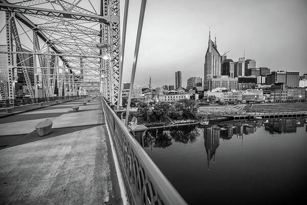 America Art Print featuring the photograph Nashville Skyline and Pedestrian Bridge Black and White by Gregory Ballos