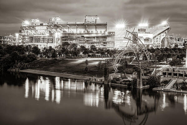 Tennessee Football Art Print featuring the photograph Nashville Tennessee Stadium Lights Along the Cumberland River in Sepia by Gregory Ballos